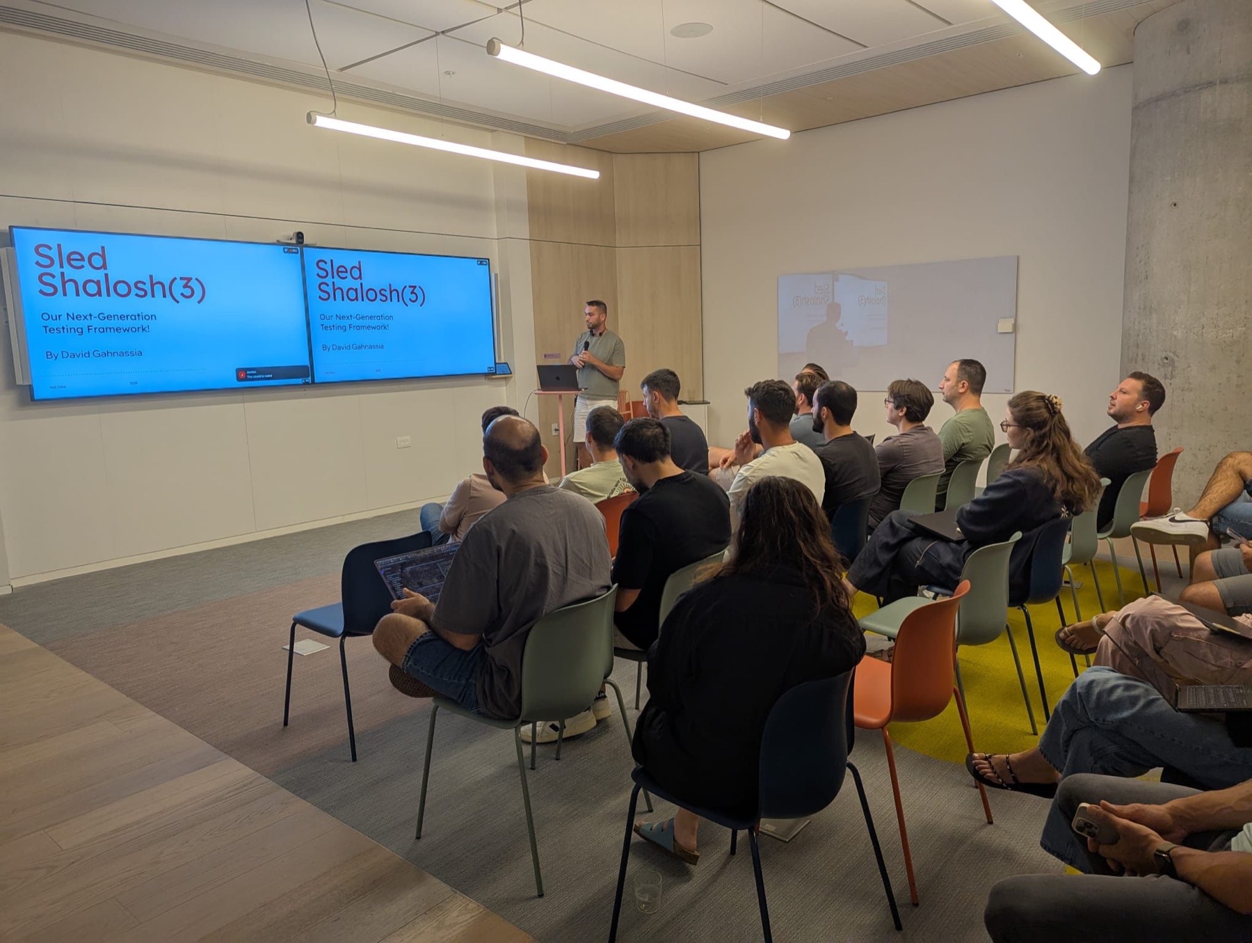 David presenting Sled Shalosh(3) — Our Next-Generation Testing Framework to senior Wix engineers